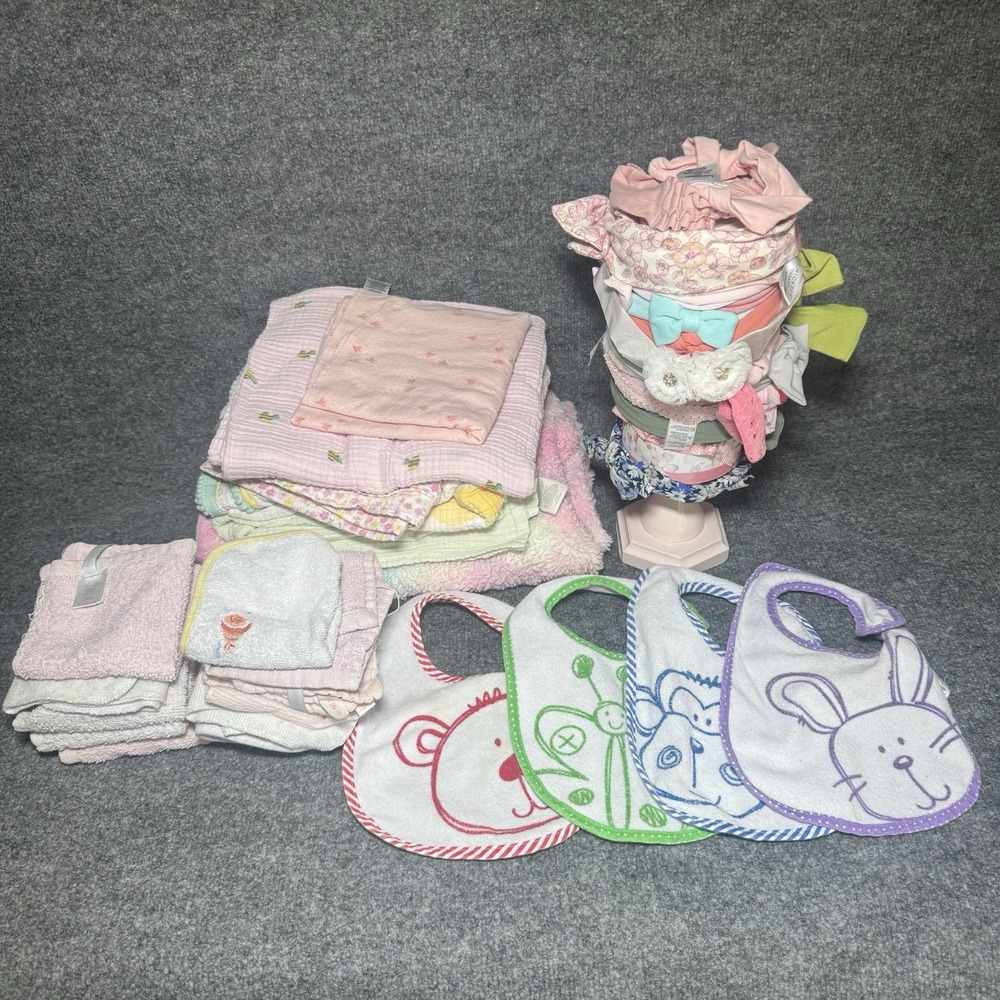 Lot Of Baby Girl Receiving Blankets Burp Towels Headbands Nursery Infant Mix Lot